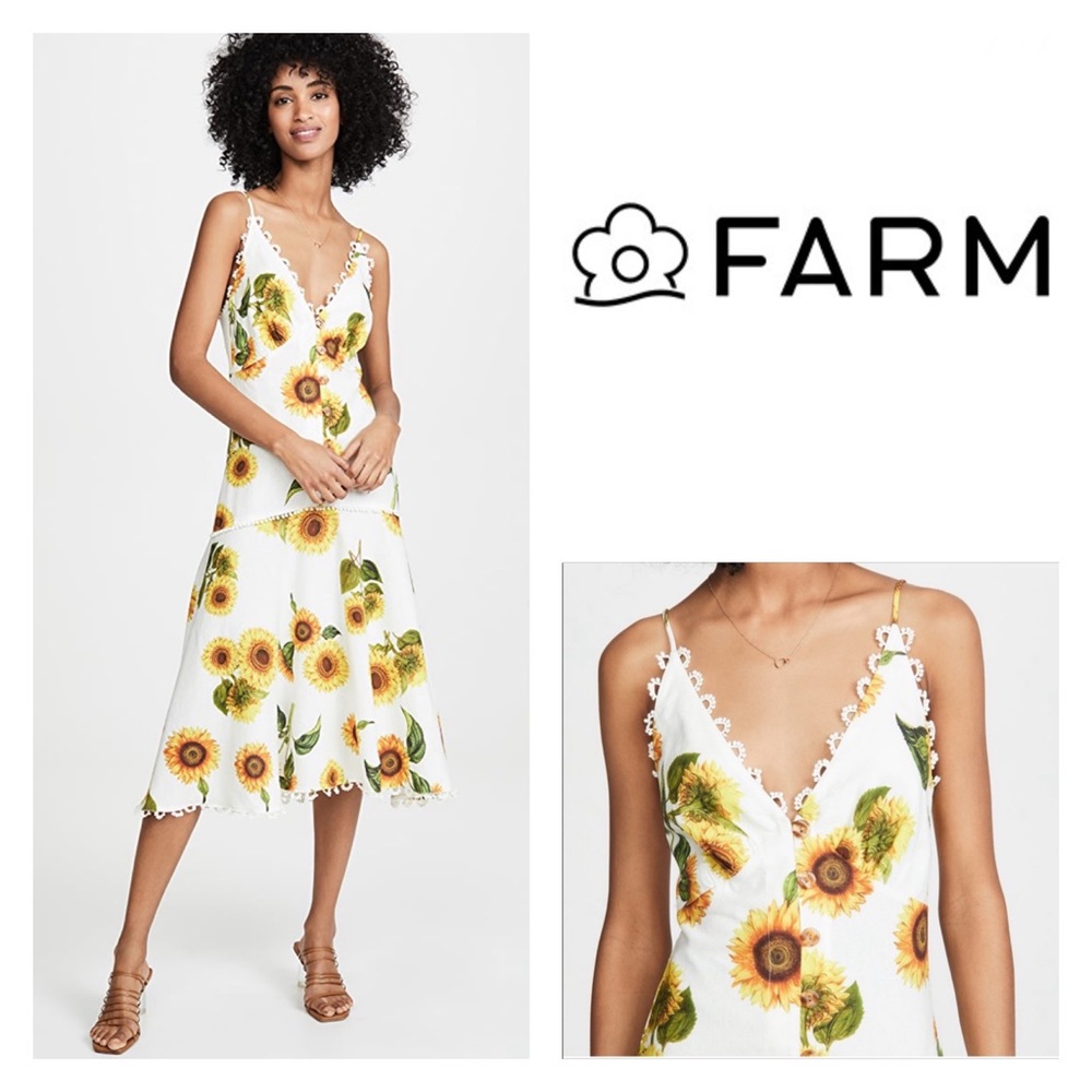 Farm Rio | Sunflower Print Linen Midi Dress S